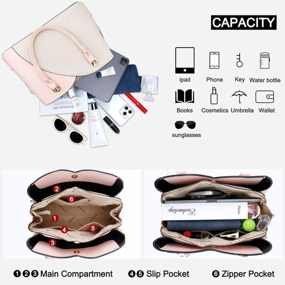 Women’s black Purple Triple Compartment Satchel Fashion Top Handle Shoulder Bag - Picture 6 of 7